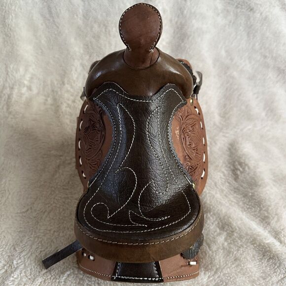 Realistic Tooled Miniature Small Leather Western Saddle 8” Long Doll Accessory - Picture 3 of 7